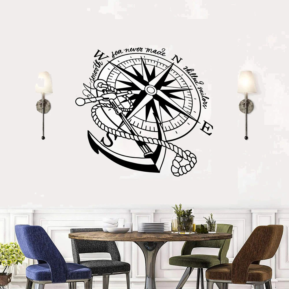 Modern Anchor Nautical Compass Rose Boat Wall Decal Kids Room Smooth Sea Never