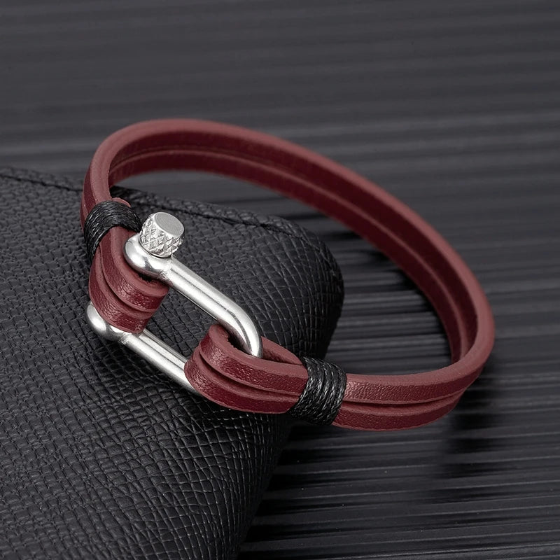 MKENDN Men's Leather Bracelet Nautical Double Strand Stainless Steel U shape Clasp