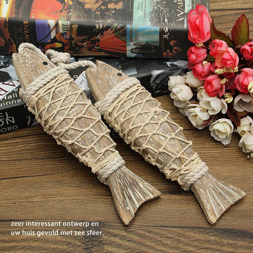 1 Pair Hand Carved Wooden Fish Hanging Marine Coastal  Wall Sculptures DIY Home