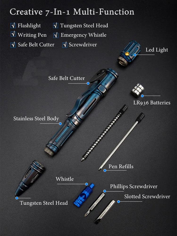 Multi-Function Portable Outdoor Survival Tactical Pen Self Defense Flashlight Emergency Glass Breaker Screwdriver EDC Tool