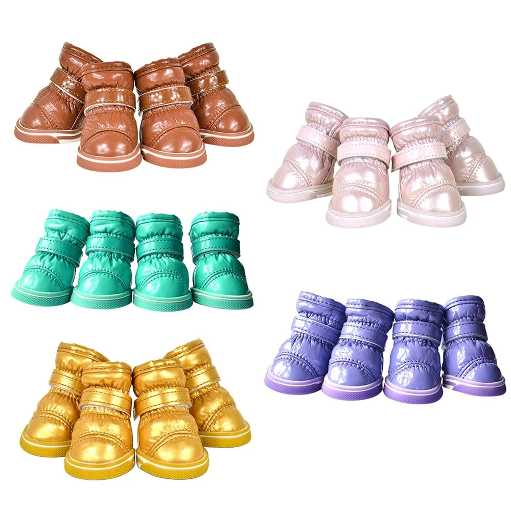 Warm Pleated Mirror Leather Shoes For Pet Comfortable Waterproof Dog Boots Outdoor