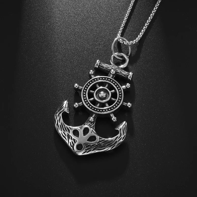 Hip Hop Punk Captain Wheel with Anchor Nautical Pendant Necklace Men's Fashion