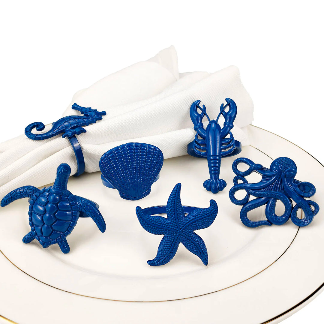 Coastal Sea Creatures Metal Napkin Rings 6 PCS Blue Nautical Napkin Holders for Home