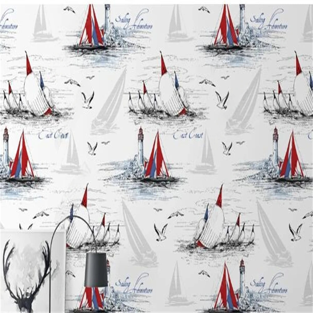 Custom wallpaper photo hand-painted nautical patterns sailing boat sea lighthouse