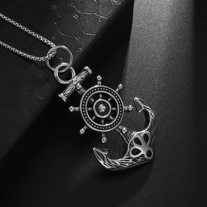 Hip Hop Punk Captain Wheel with Anchor Nautical Pendant Necklace Men's Fashion