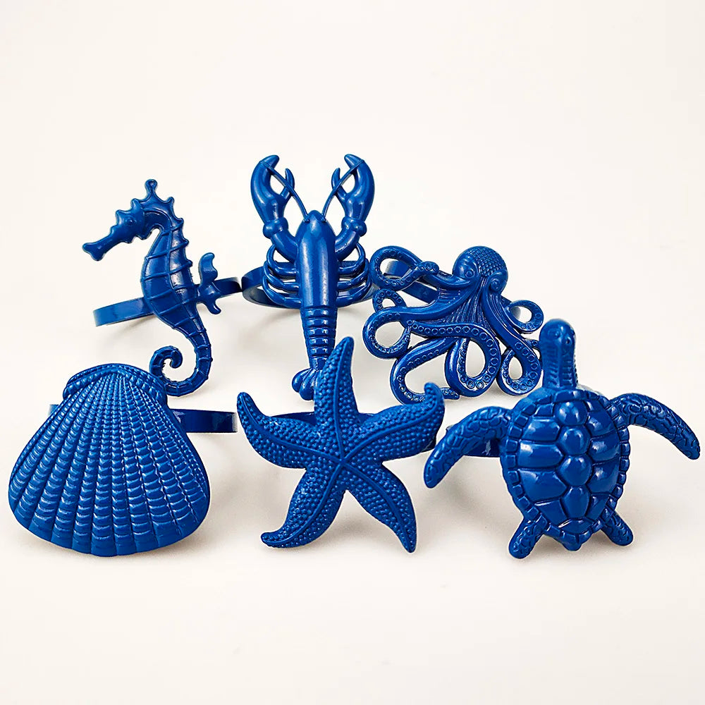 Coastal Sea Creatures Metal Napkin Rings 6 PCS Blue Nautical Napkin Holders for Home