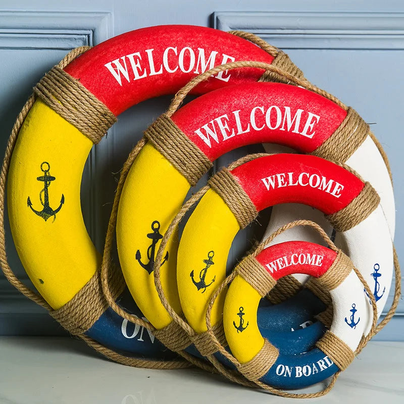 Mediterranean Style Wood Nautical Welcome Board Blue White Lifebuoy for Bar Window