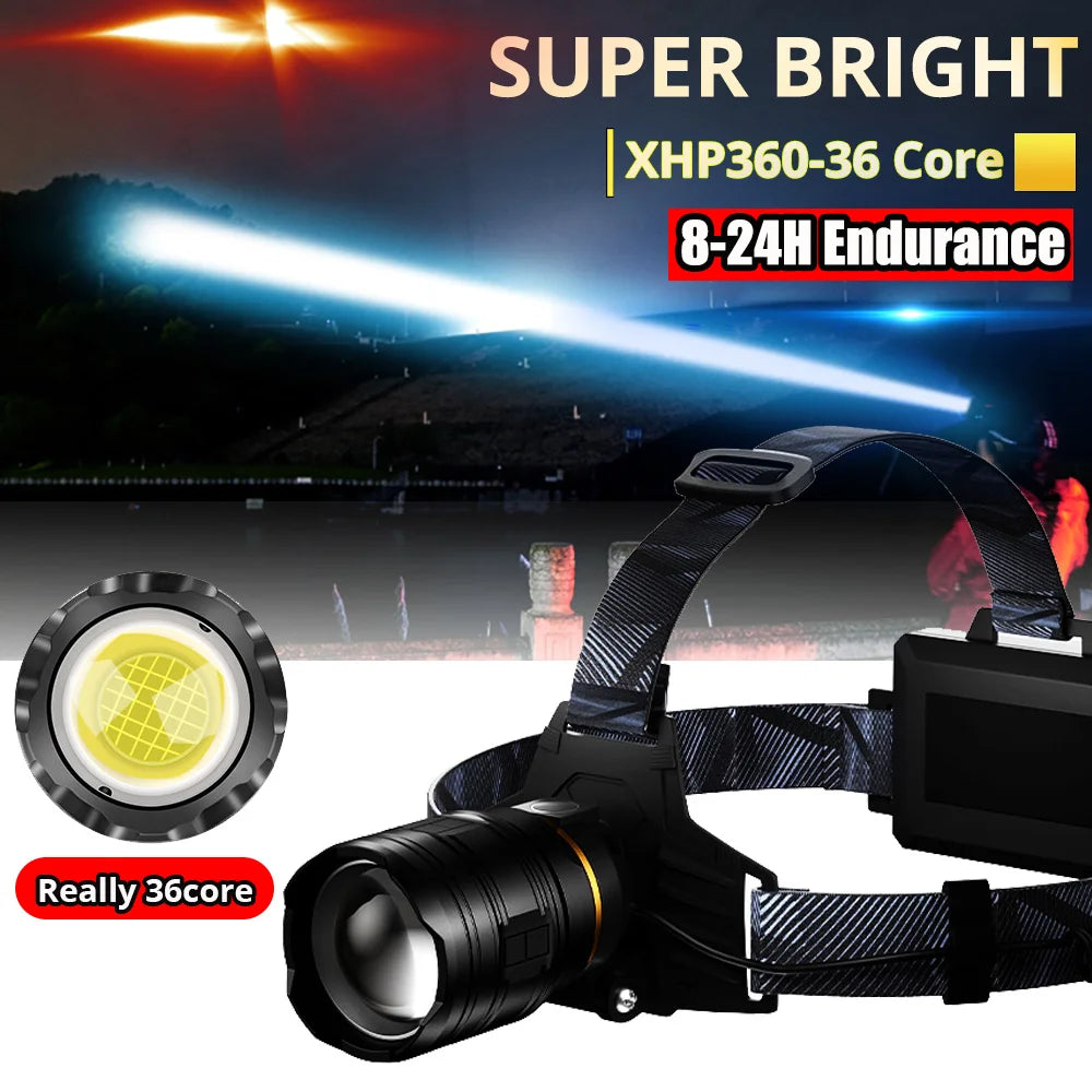 Brightest XHP360-36CORE Headlamp usb Rechargeable waterproof Camping Flashlight