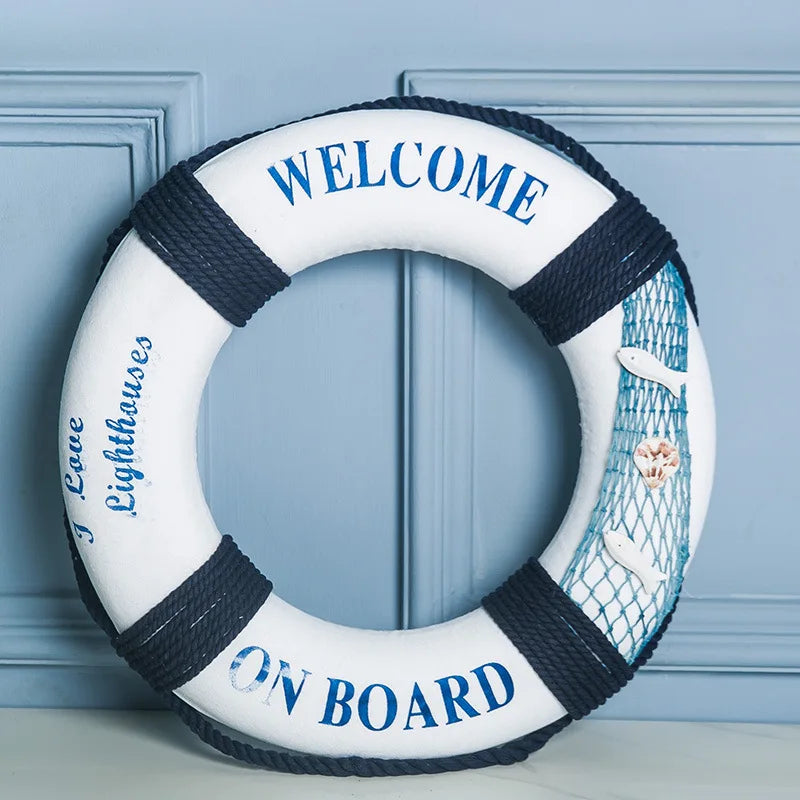 Mediterranean Style Wood Nautical Welcome Board Blue White Lifebuoy for Bar Window