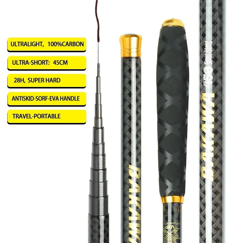 BAKAWA Ultralight Hard Carbon Fiber Hand Fishing Rod Telescopic