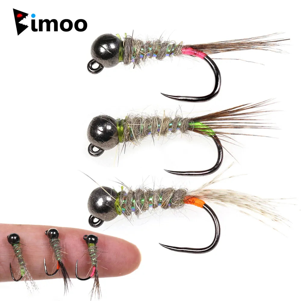 Bimoo 6pcs Fluorescent Fast Sinking Barbless Tungsten Headhead Jig Nymph Fly