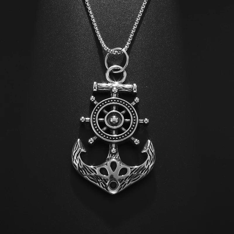 Hip Hop Punk Captain Wheel with Anchor Nautical Pendant Necklace Men's Fashion