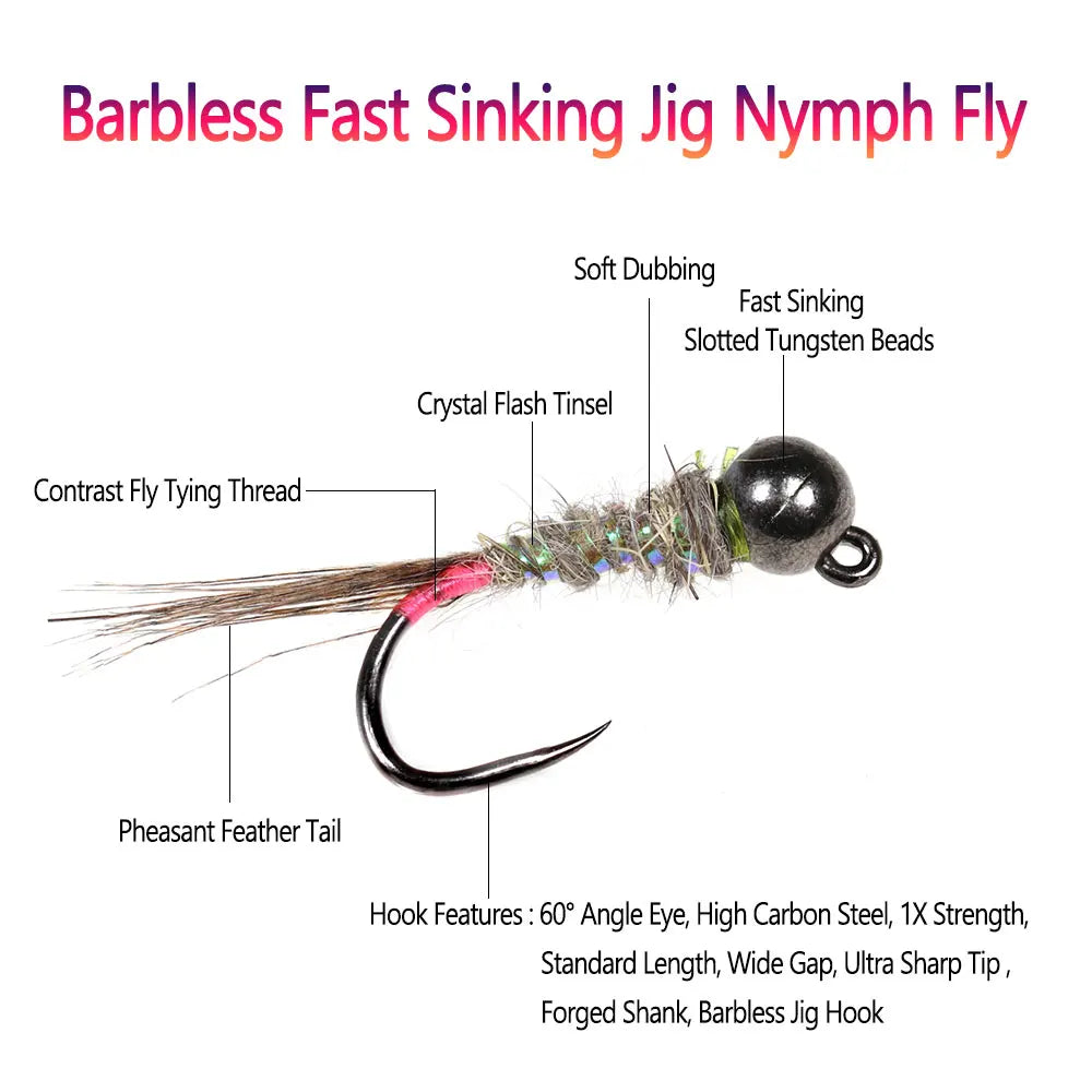 Bimoo 6pcs Fluorescent Fast Sinking Barbless Tungsten Headhead Jig Nymph Fly