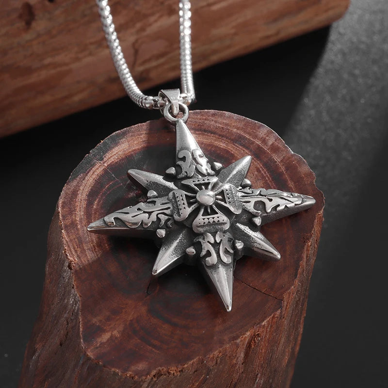 Vintage Nautical Compass Eight-Pointed Star Cross Pendant Necklace Men's Punk