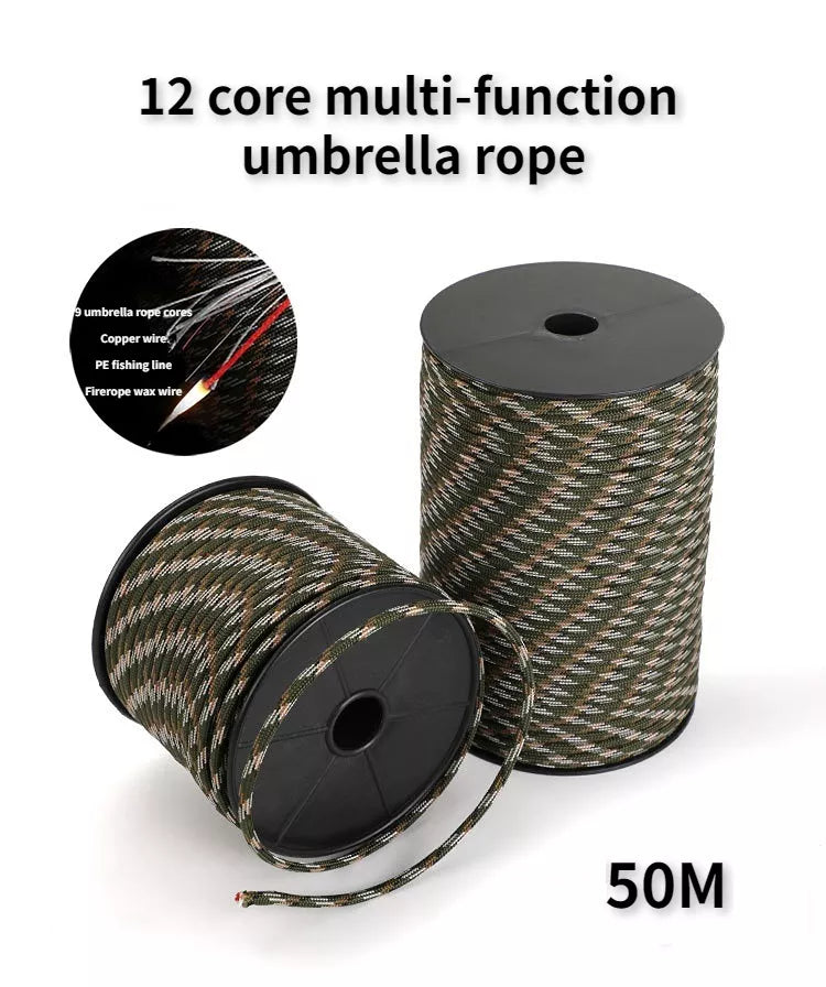 50m 12 Strand 650 Military 4mm Paracord Camping Survival 9x Parachute Cores 1x Fishing