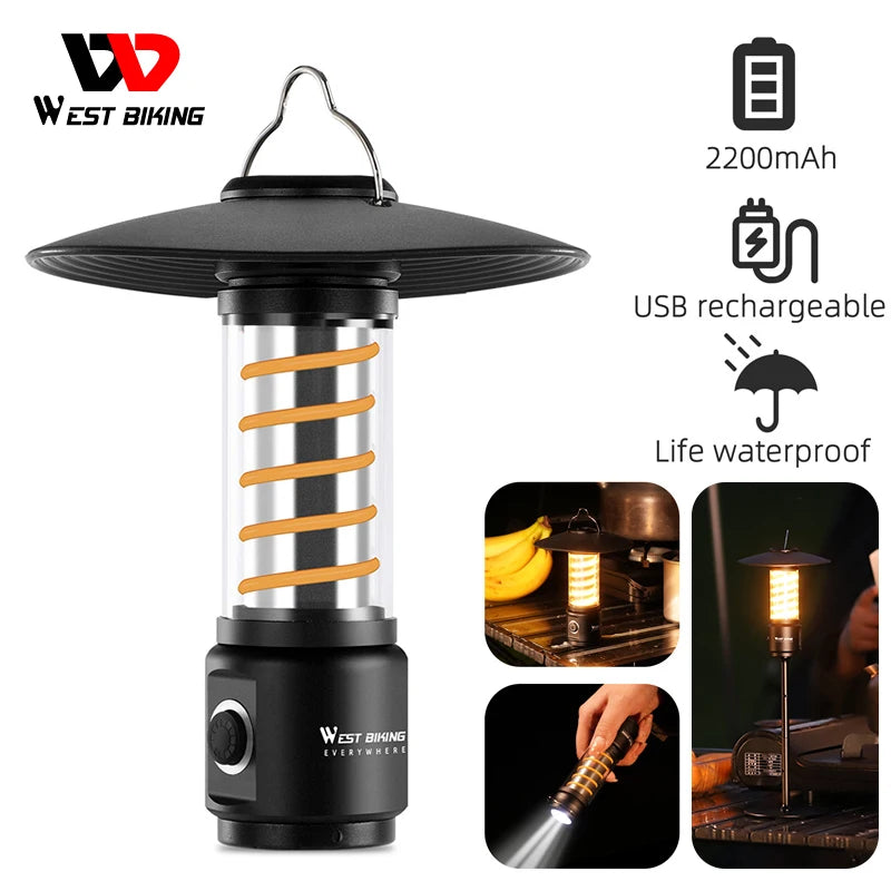 WEST BIKING LED Camping Light USB Rechargeable Bulb For Outdoor Tent Lamp Portable Lantern Emergency Lights Hiking Flashlight