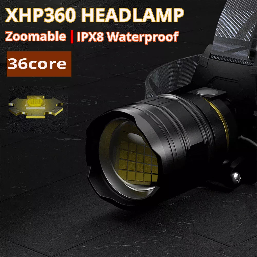 Most Powerful XHP360 36core LED Headlamp usb 18650 Rechargeable waterproof