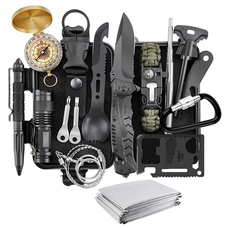 Survival Gear Kits Outdoor Survival Gear Tool for Trip,with Fire Starter, Whistle, Wood Cutter, Tactical Pen for Camping, Hiking