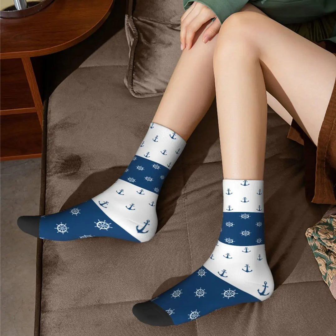 Socks Nautical Blue Helms Anchors Marine Rudder Product for Men Women Compression