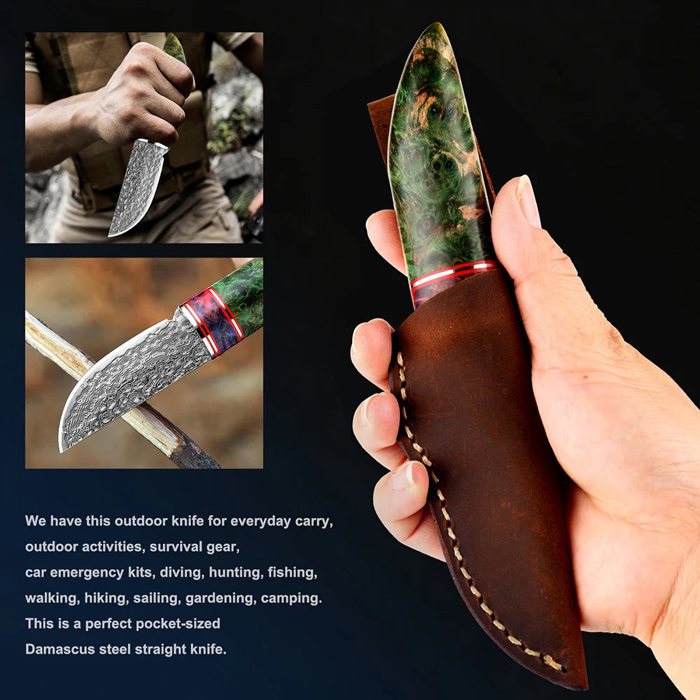 Fixed blade Hunting Knife Handmade forged Damascus Steel camping knife blade