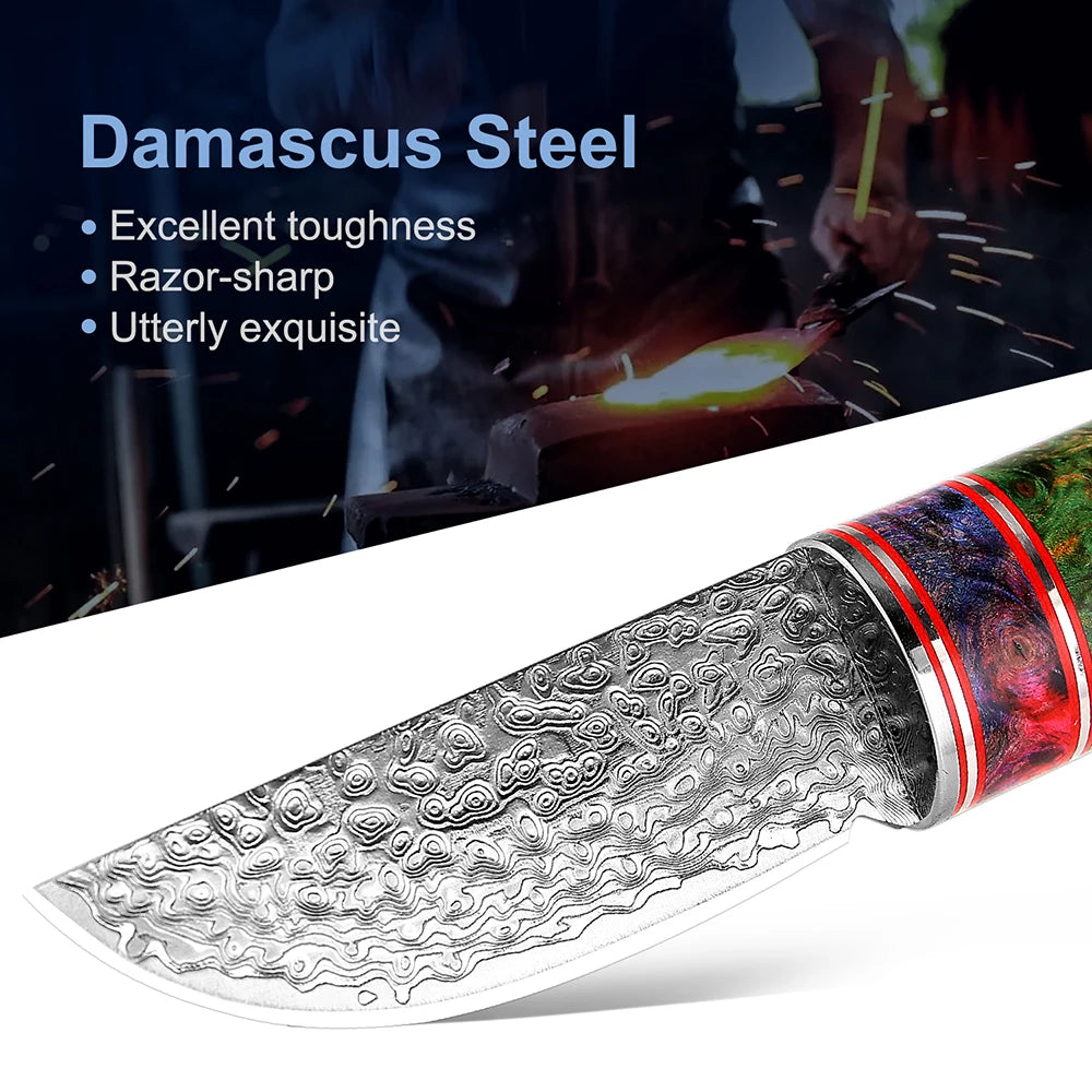 Fixed blade Hunting Knife Handmade forged Damascus Steel camping knife blade