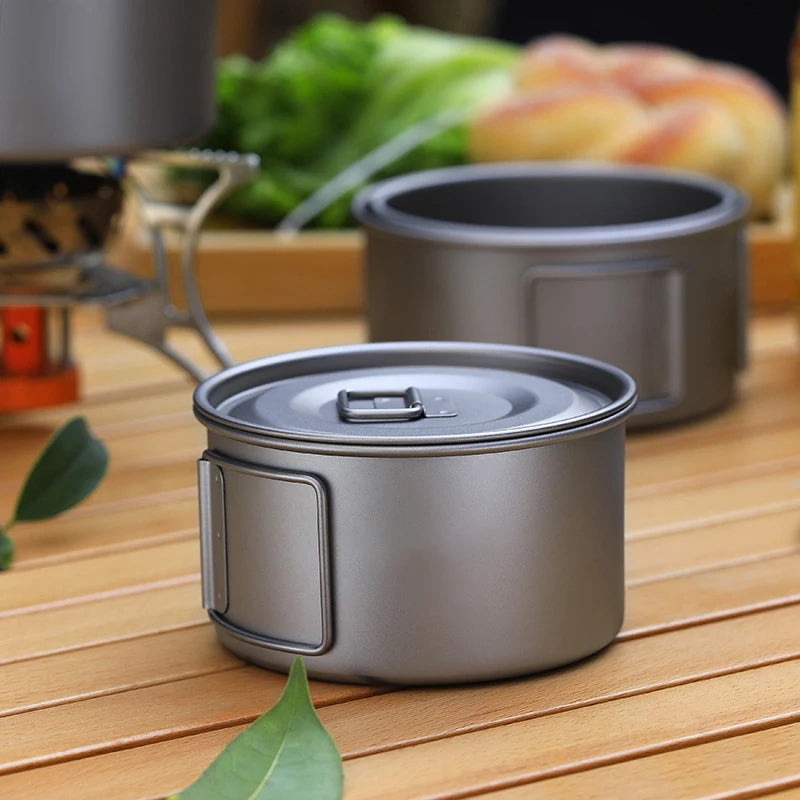 Outdoor Camping Bowl Foldable Handle Portable Titanium Bowl with Lid Food Container Hiking Backpack Picnic Cooking Tableware