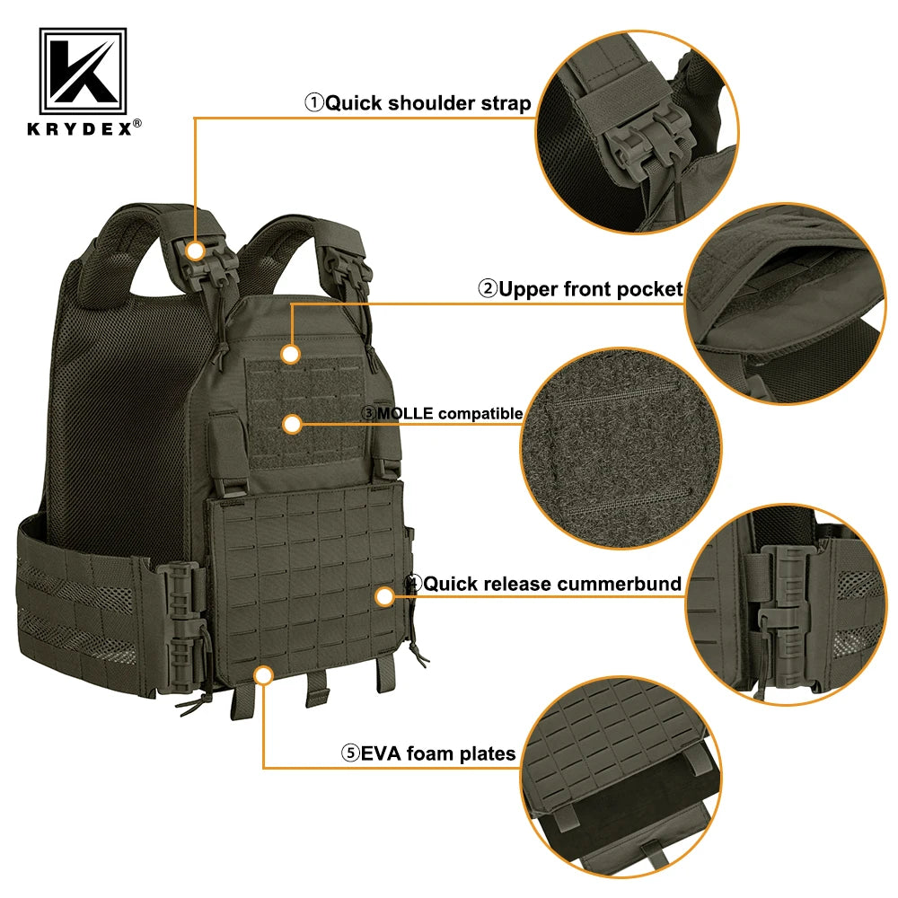 KRYDEX 500D Tactical Vest Laser Cutting MOLLE LAVC Plate Carrier Quick Release Buckle