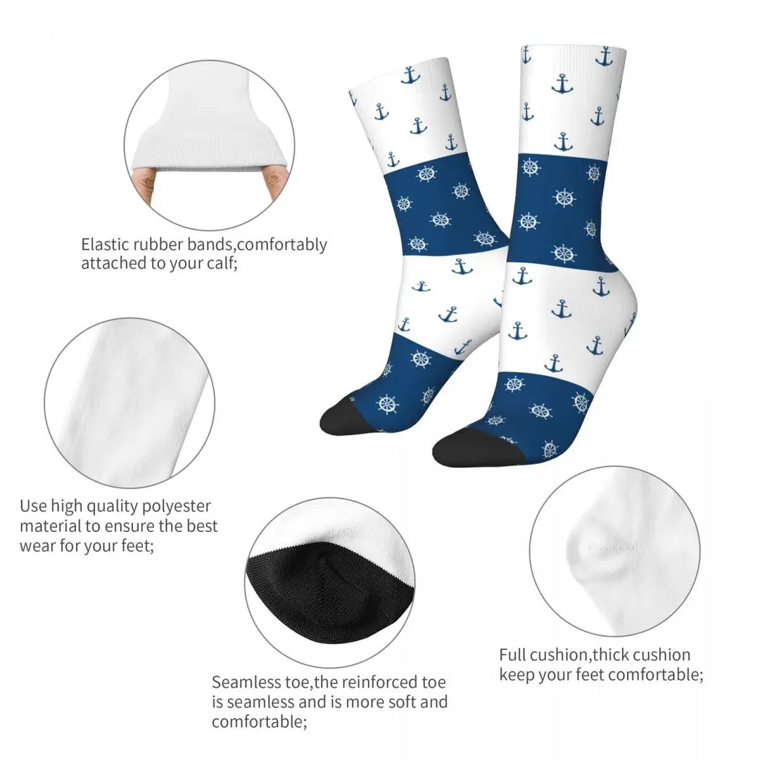 Socks Nautical Blue Helms Anchors Marine Rudder Product for Men Women Compression