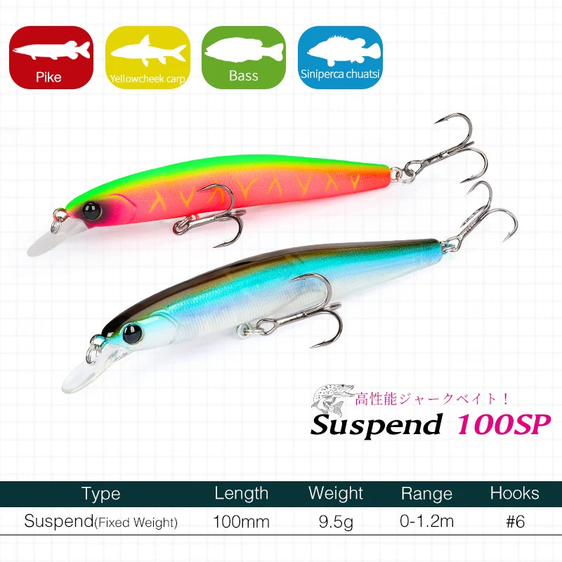 TSURINOYA 100SP Suspending Minnow Fishing Lure DW70 100mm 9.5g Jerkbait Pike Bass