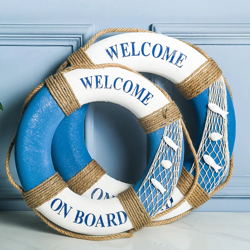 Mediterranean Style Wood Nautical Welcome Board Blue White Lifebuoy for Bar Window