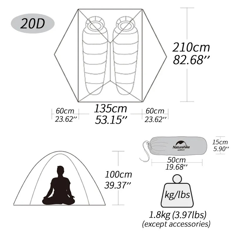 Naturehike Mongar 2 Tent 2 Person Backpacking Tent 20D Ultralight Travel Tent