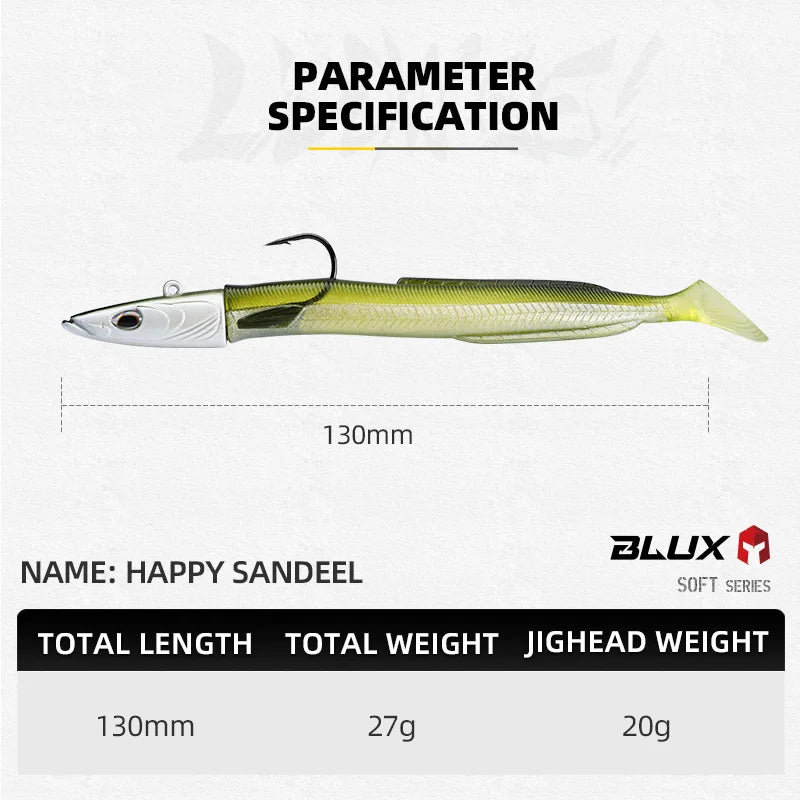 BLUX Happy Sandeel 13cm 27g Soft Live Eel Fishing Lure Paddle Tail Jig Head Hook