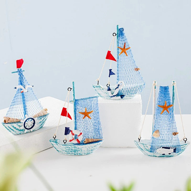 15CM Marine Nautical Creative Sailboat Mediterranean Style Wooden Blue SailBoat Room