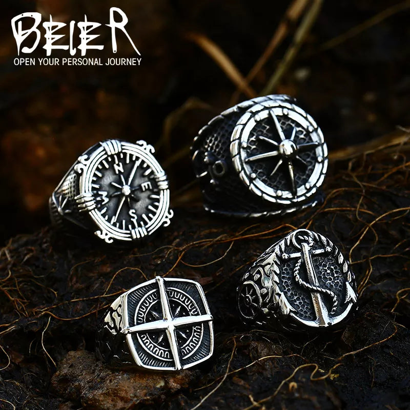 Beier New Store 316L Stainless Steel Viking Cross Compass Runic Pirate Men's Ring