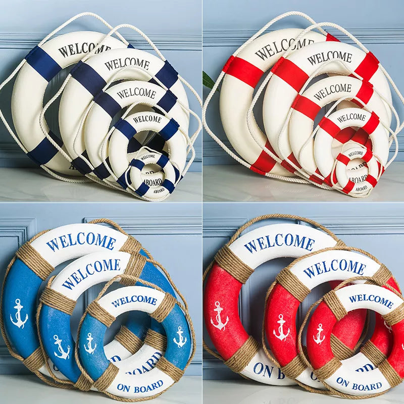 Mediterranean Style Wood Nautical Welcome Board Blue White Lifebuoy for Bar Window