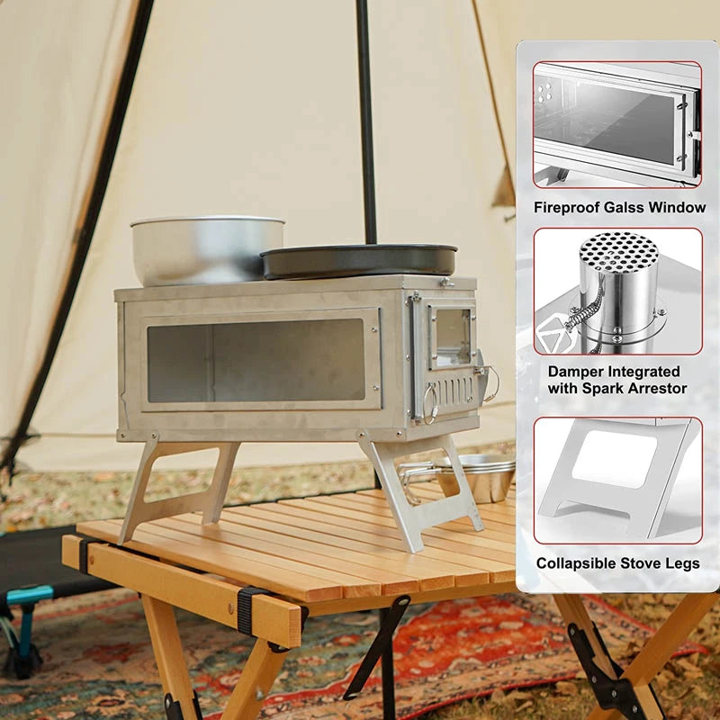 Camping Tent Stove Collasible Wood Burning Stove Stainless Steel Outdoor Hot Tent Heater