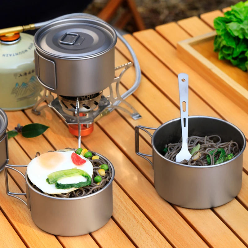 Outdoor Camping Bowl Foldable Handle Portable Titanium Bowl with Lid Food Container Hiking Backpack Picnic Cooking Tableware