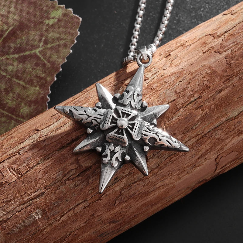 Vintage Nautical Compass Eight-Pointed Star Cross Pendant Necklace Men's Punk