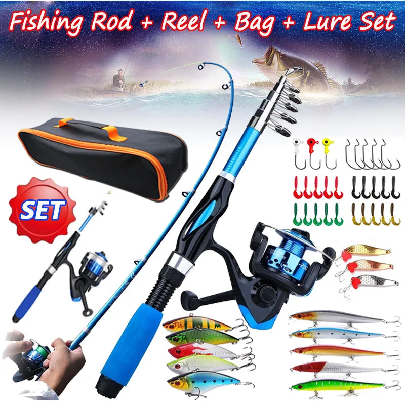 Fishing Rod Full Kits 1.2M Telescopic Sea Spinning Reel Baits Lure Set Travel Fishing Gear