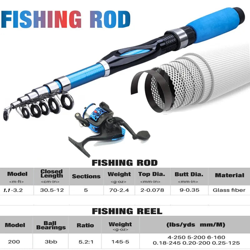 Fishing Rod Full Kits 1.2M Telescopic Sea Spinning Reel Baits Lure Set Travel Fishing Gear