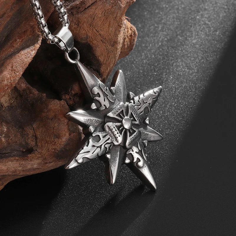 Vintage Nautical Compass Eight-Pointed Star Cross Pendant Necklace Men's Punk