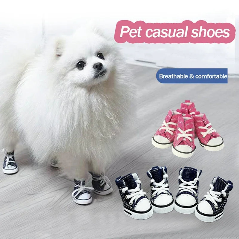 A Pair Cute Pet Anti-skid Shoes Dog Shoes Denim Canvas Covers For Dogs And Cats