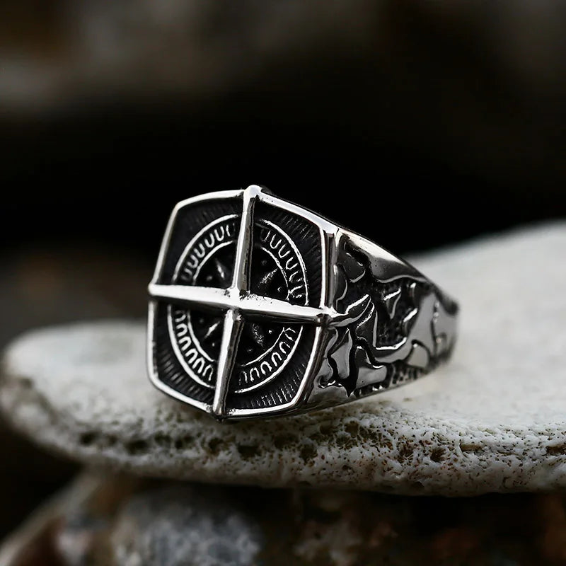 Beier New Store 316L Stainless Steel Viking Cross Compass Runic Pirate Men's Ring