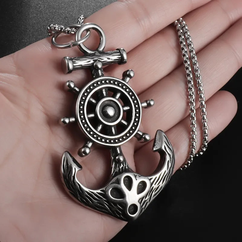 Hip Hop Punk Captain Wheel with Anchor Nautical Pendant Necklace Men's Fashion