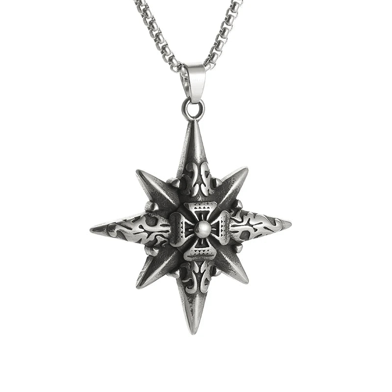 Vintage Nautical Compass Eight-Pointed Star Cross Pendant Necklace Men's Punk