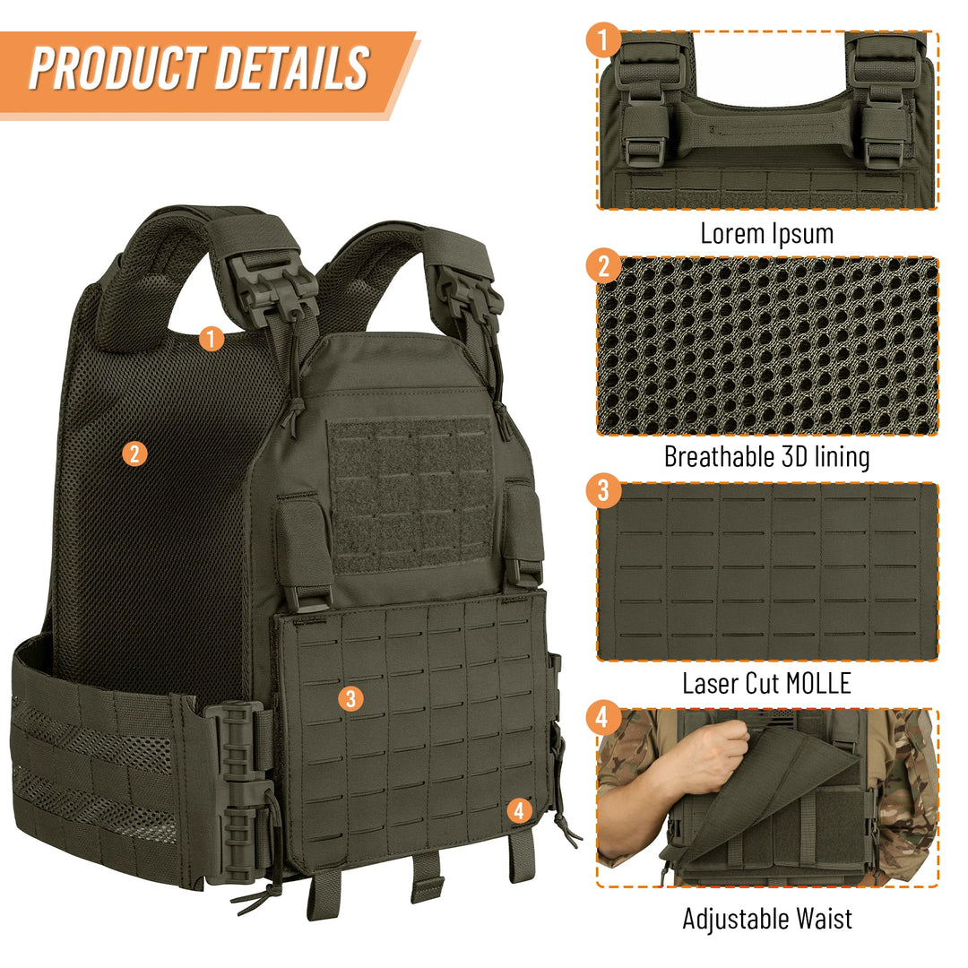 KRYDEX 500D Tactical Vest Laser Cutting MOLLE LAVC Plate Carrier Quick Release Buckle