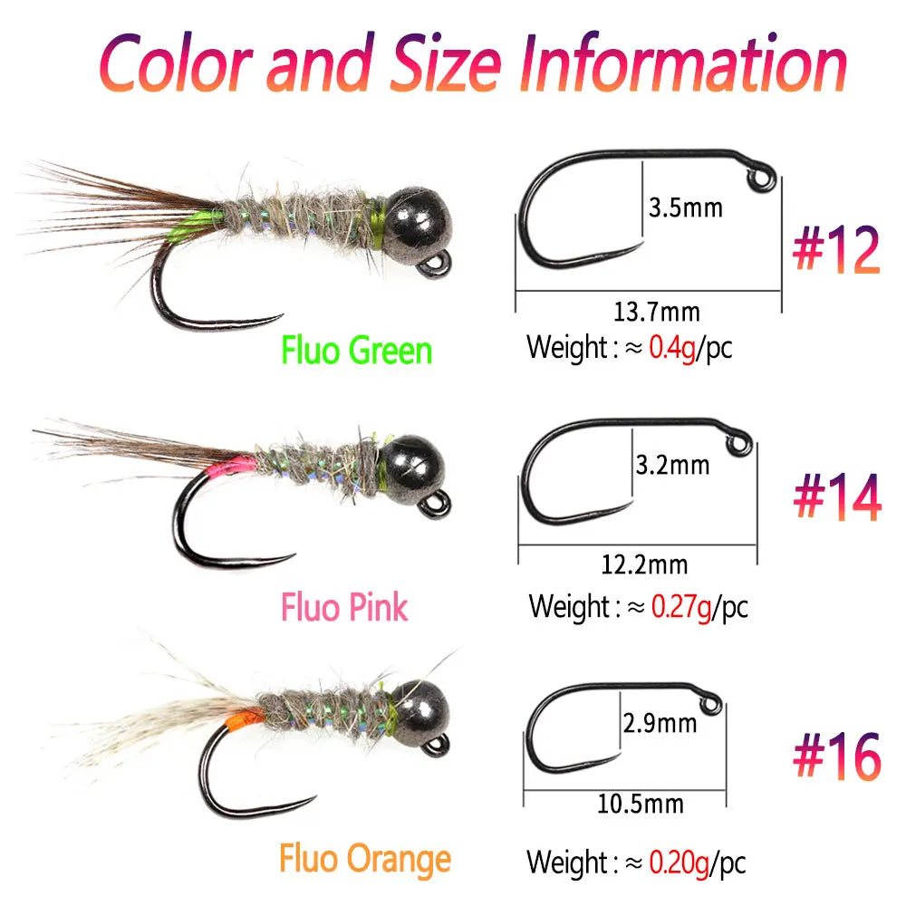 Bimoo 6pcs Fluorescent Fast Sinking Barbless Tungsten Headhead Jig Nymph Fly