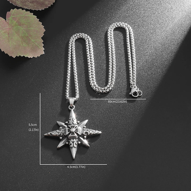 Vintage Nautical Compass Eight-Pointed Star Cross Pendant Necklace Men's Punk