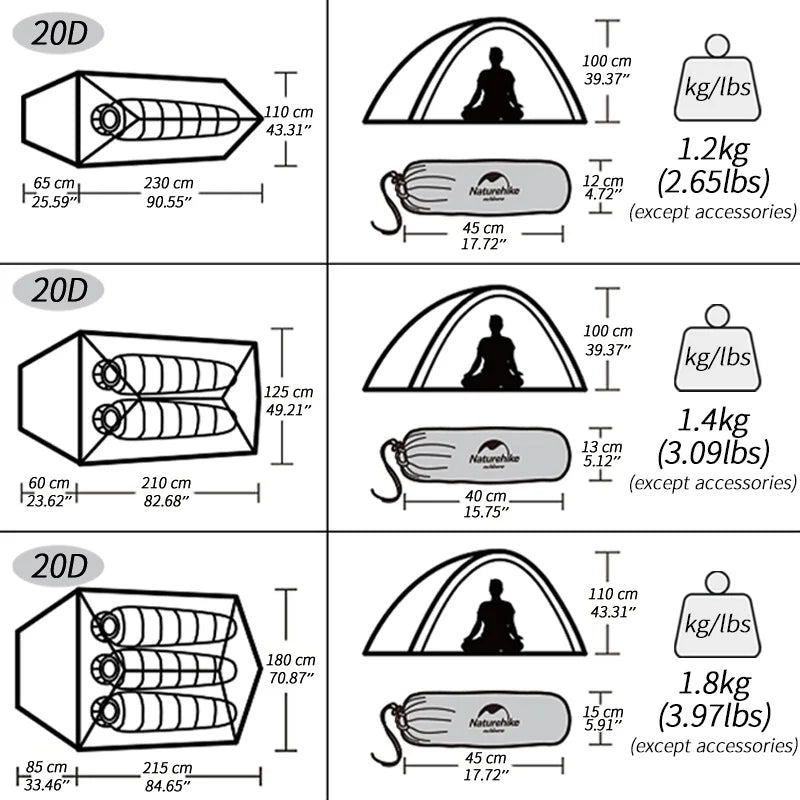 Naturehike Upgraded Cloud Up 2 Ultralight Tent Free Standing 20D Fabric Camping Tents