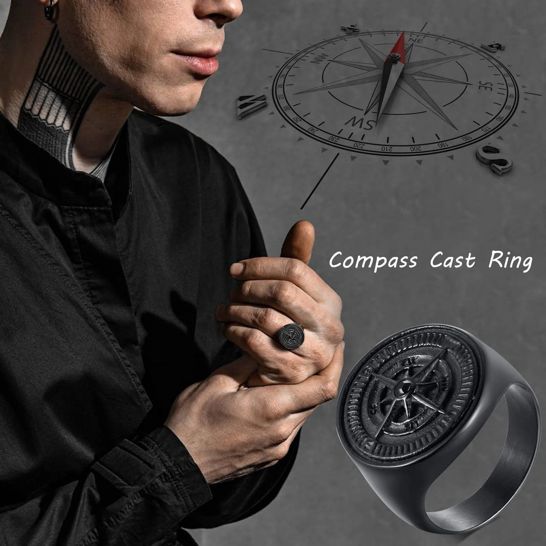 Nautical Compass Signet Ring, Mens Ring, Rings for Men, Stainless Steel Jewelry